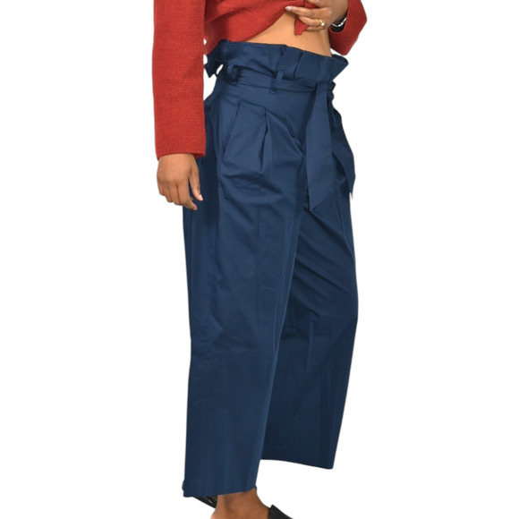 M Martin Pants Blue Cotton Sateen Trousers Wide Loose Straight Crop Paperbag 2 - Picture 6 of 14